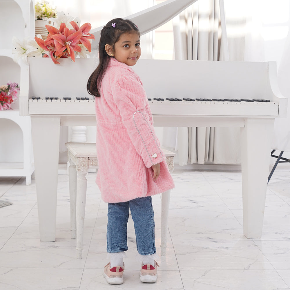 Girls’ Rabbit Fur Coat & Denim Pant Set