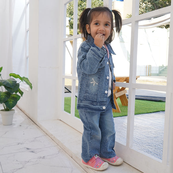 Girls’ Denim Jacket, T-Shirt & Trouser Set – LOVE Print