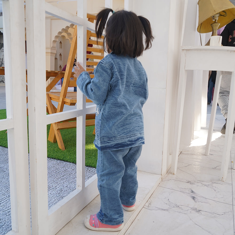 Girls’ Denim Jacket, T-Shirt & Trouser Set – LOVE Print