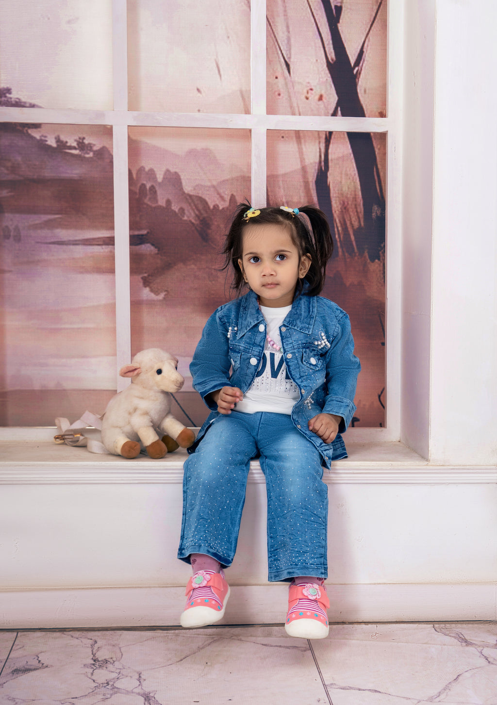 Girls’ Denim Jacket, T-Shirt & Trouser Set – LOVE Print