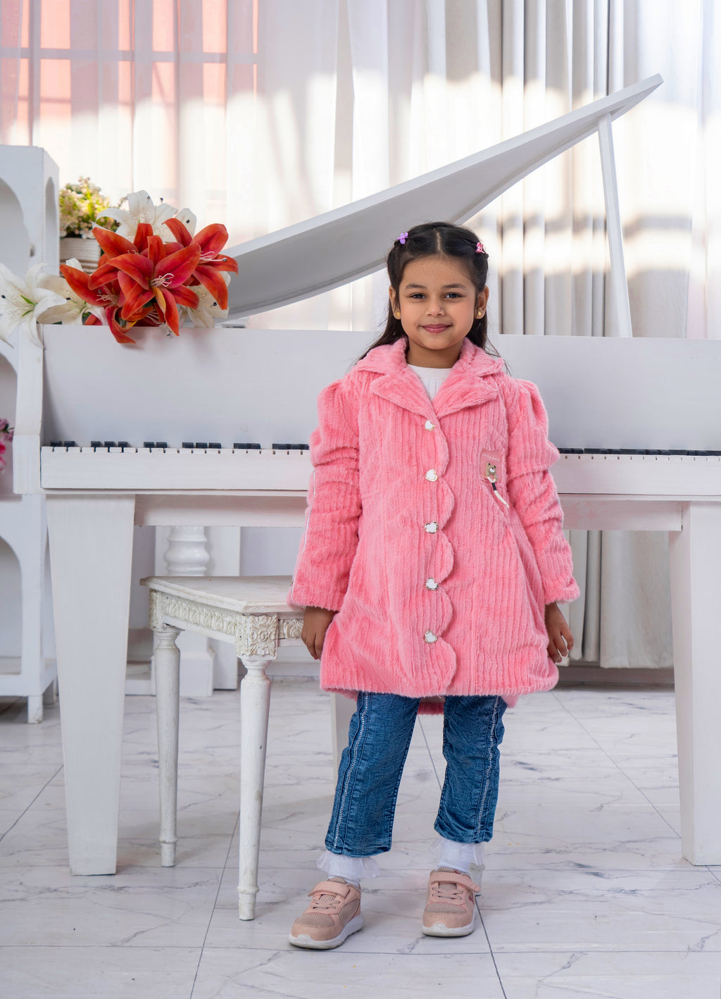 Girls’ Rabbit Fur Coat & Denim Pant Set
