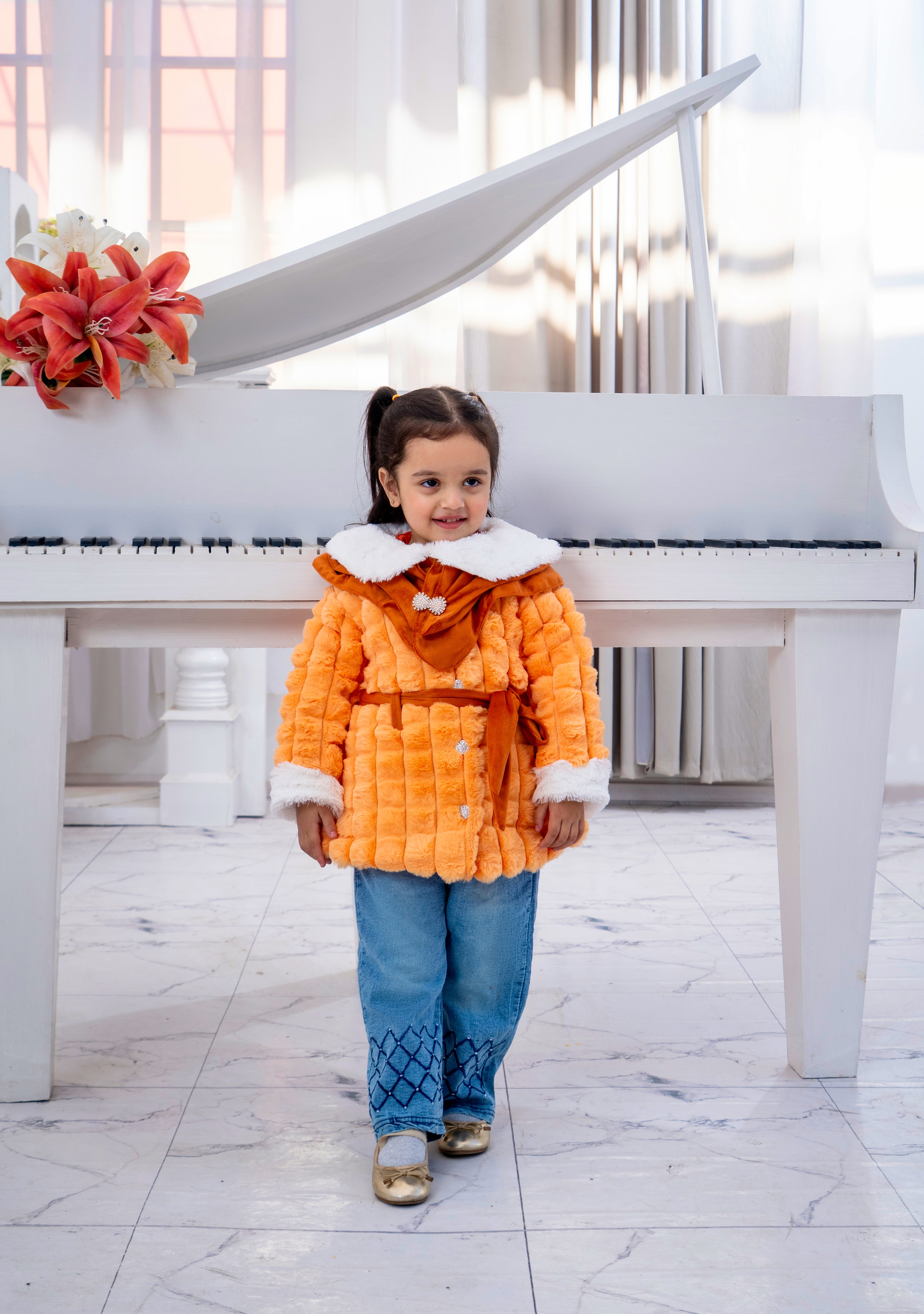 Girls' Winter Jacquard Fur & Denim pant set