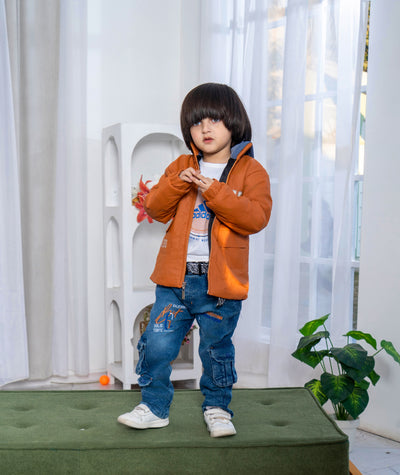 Boys Winter Puffer Jacket with Inner Shirt & Denim Pant