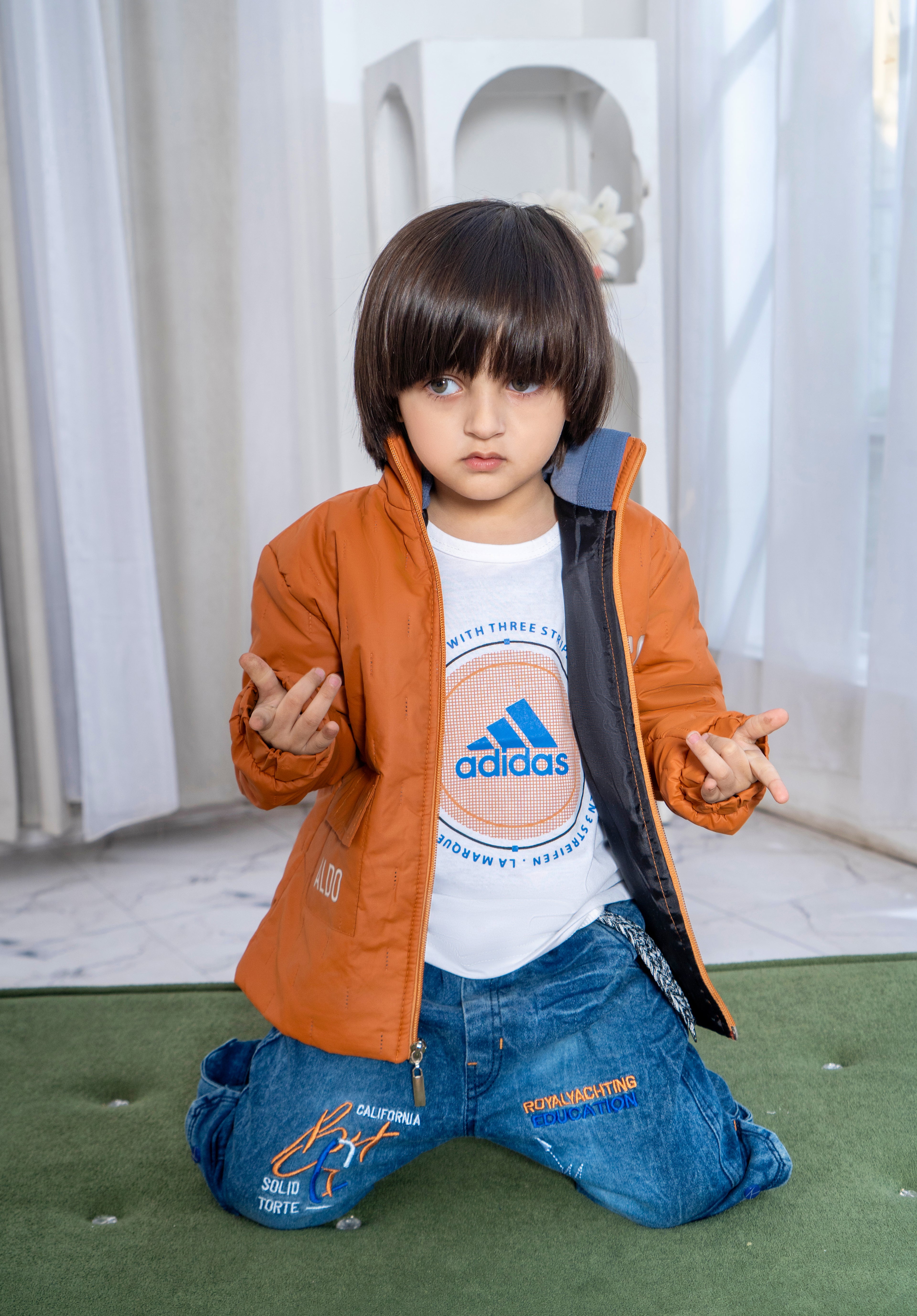 Boys Winter Puffer Jacket with Inner Shirt & Denim Pant