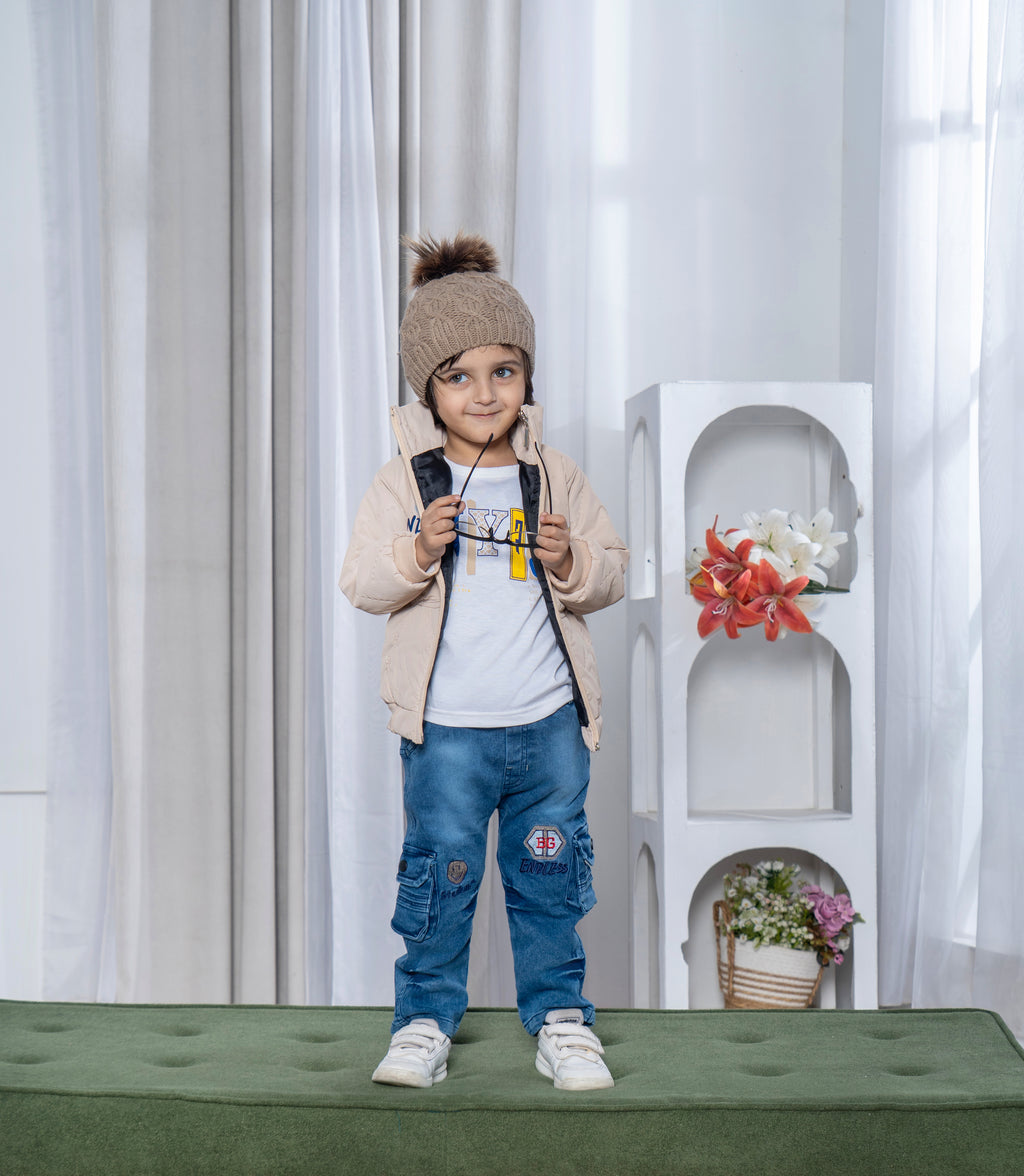 Boys Winter Puffer Jacket with Inner Shirt & Denim Pant