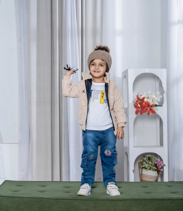 Boys Winter Puffer Jacket with Inner Shirt & Denim Pant