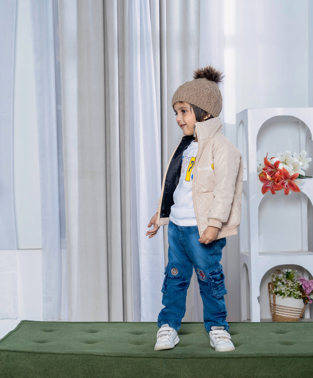 Boys Winter Puffer Jacket with Inner Shirt & Denim Pant