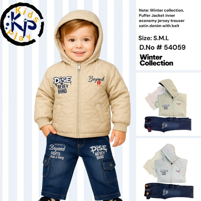 Boys Winter 3-Piece Puffer Jacket, T-Shirt & Denim Trouser Set