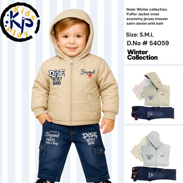Boys Winter 3-Piece Puffer Jacket, T-Shirt & Denim Trouser Set